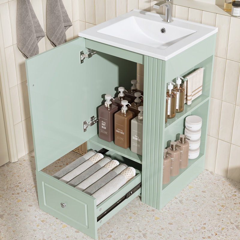 Meuble-lavabo autoportant avec lavabo, armoire de rangement avec tiroir à fermeture en douceur, tablettes latérales ouvertes