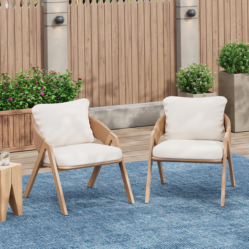 Chaise de patio avec coussins (ensemble de 2), Coussin blanc / structure en teck brun