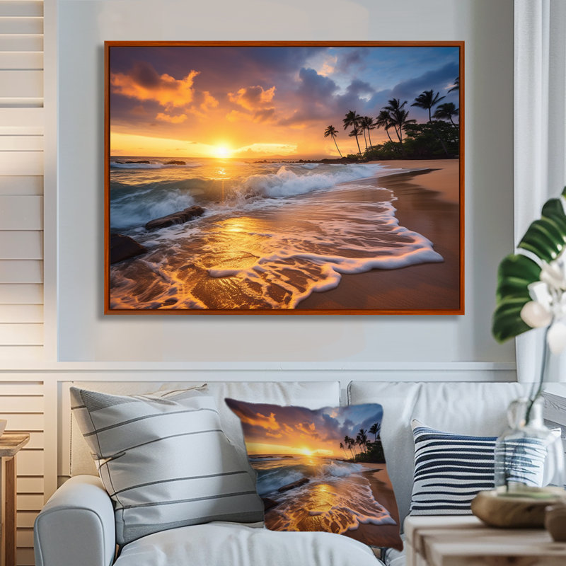 Photo de plage, coucher de soleil, Serenade IX - art mural plage côtière, H 24 po x l 32 po x P 1 po, Cadre flottant brun