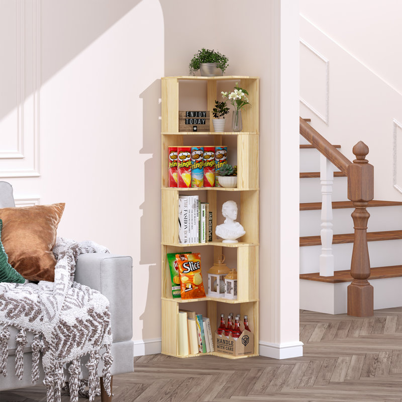 Bibliothèque de coin en bois à 5 niveaux - Bibliothèque de coin de 62 po de hauteur, L moderne, solide étagère de coin en bois massif naturel, étagère de rangement ouverte pour chambre à coucher, salon, bureau à domicile