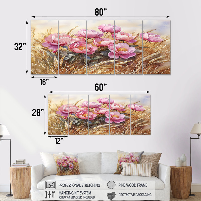 Pivoines dans le champ de blé II - In Art - Ensemble de décoration murale traditionnelle, H 28 po x l 60 po, 5