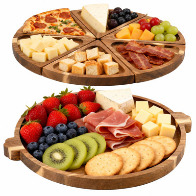 Plateau de service en bois avec poignées, ensemble de charcuterie rond avec 6 plateaux à pizza amovibles