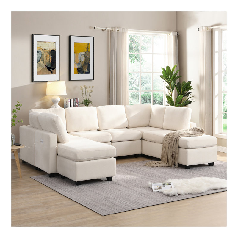Canapé-lit modulaire de 103 po avec deux repose-pieds mobiles et trois ports USB pour le salon, Beige