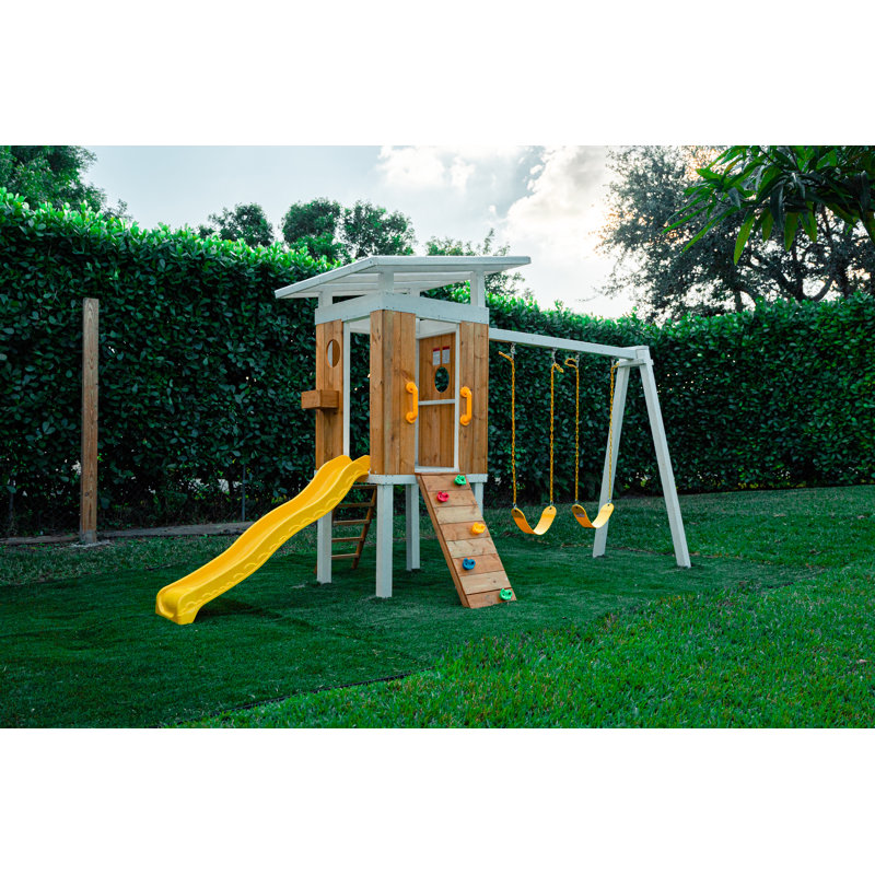 Avenlur Modern Pine Wood Outdoor Swing Set with Slide and Swings