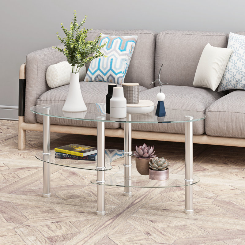 Table basse ovale transparente en verre, table moderne avec pieds en acier inoxydable, table à thé en verre à 3 couches pour le salon