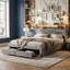 European Double & King Upholstered Storage Bed with LED Headboard, Linen Bed Frame with Hidden Storage & Drawers, Grey Linen-1058450686