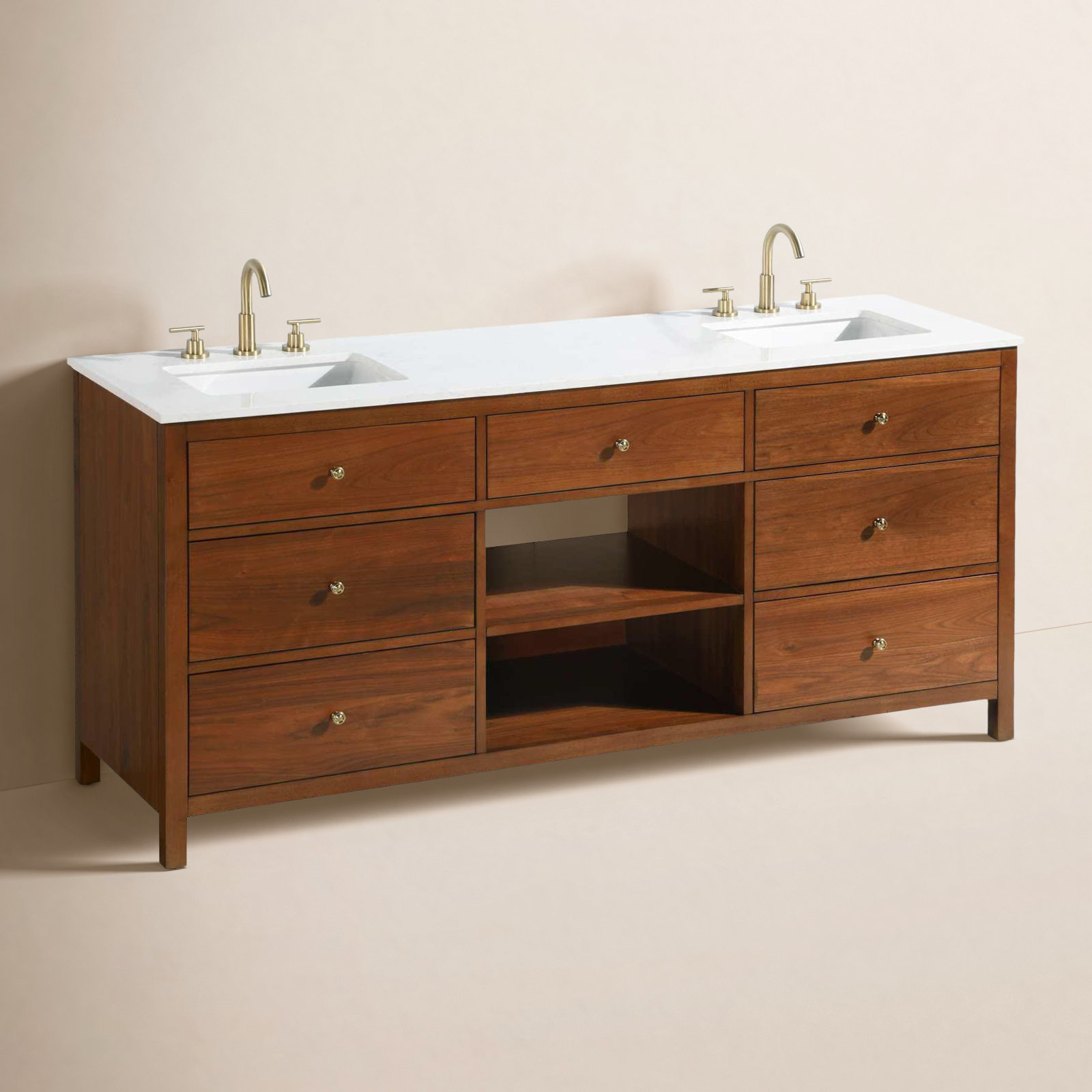Double Bathroom Vanity, Brandy Walnut/Gold, 72"