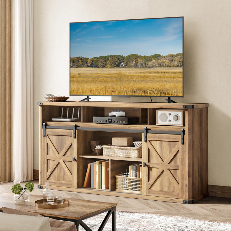 Meuble télé Cecilly pour téléviseur de 65 po ou moins avec 2 portes de grange coulissantes et station de charge intégrée