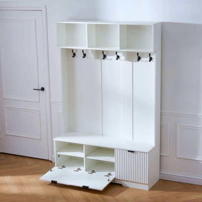 49.6 " 5-in-1 Hall Tree with Bench, Shoe Storage & 3 Open Storage Cabinets, Farmhouse Hall Tree with High Gloss Fluted Doors for Hallway Living Room