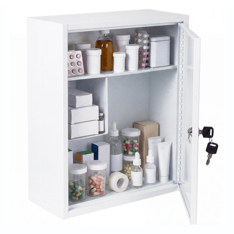 Medicine Storage Box Lockable Steel Wall Cabinet 3-Tier White For Home Use