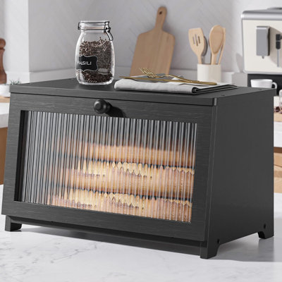Boîte à pain - Boîte à pain en bois convenant aux comptoirs de cuisine, boîte de rangement de grande capacité pour comptoir de cuisine, boîte de rangement à pain tendance avec fenêtre, contenant multifonctionnel, noir, 15,0 po x 8,3 po x 9,1 po