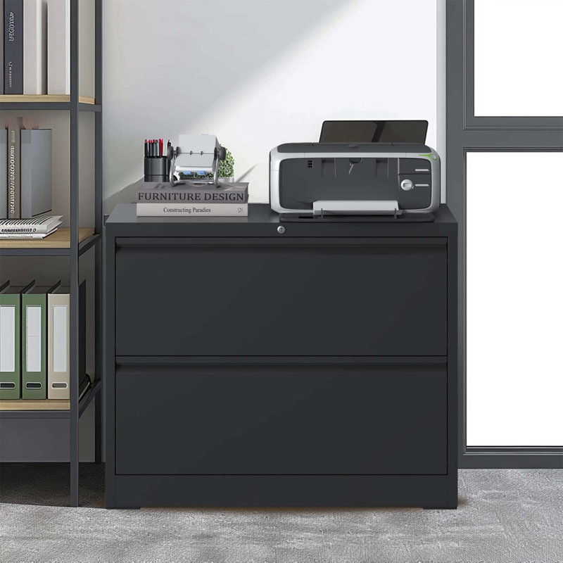Lateral File Cabinet 2 Drawer, Black Filing Cabinet With Lock, Lockable File Cabinet For Home Office, Locking Metal File Cabinet For Legal/Letter/A4/F4 Size