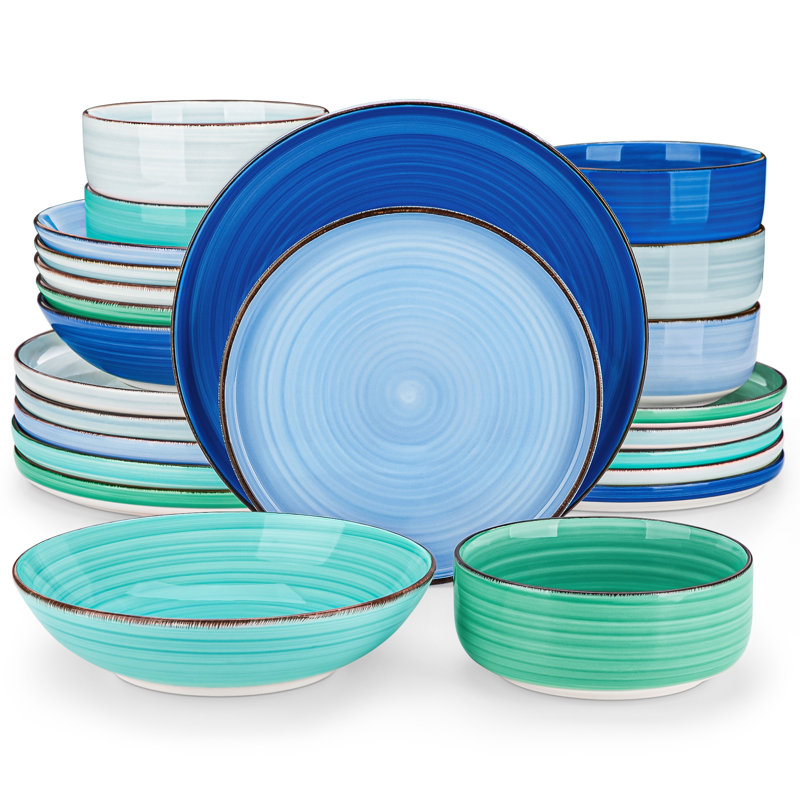 Piece Stoneware Dinnerware Set - Service for 6, Blue/Teal/Grey