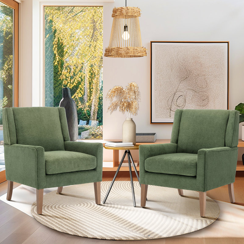 28.35'' Wide Wing Back Upholstered Accent Armchair (Set of 2), Green Linen