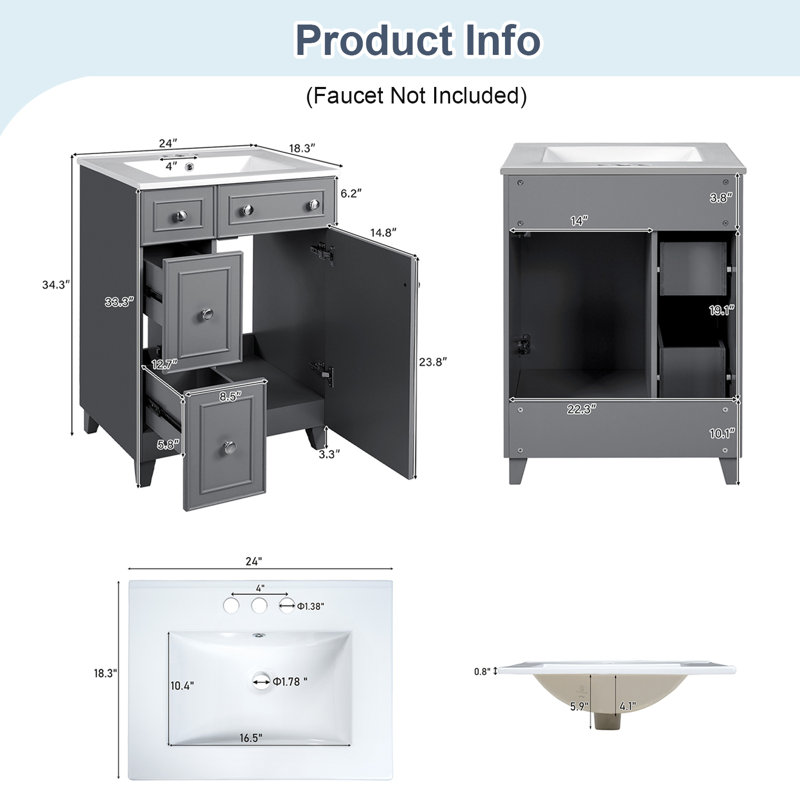 Meuble-lavabo 24 po avec lavabo en céramique, Gris/argent