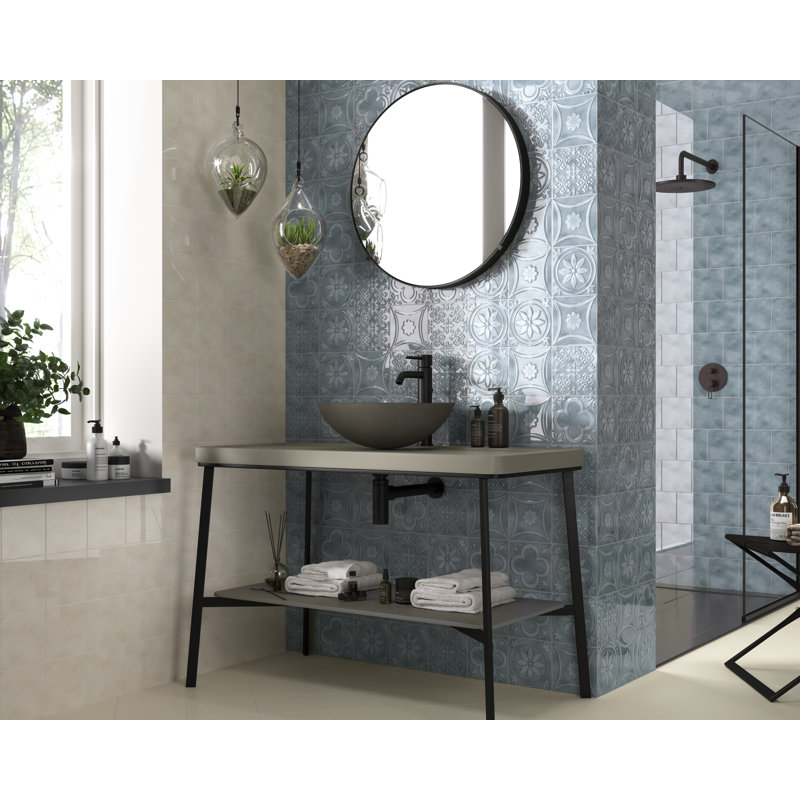 14.7 x 14.7 cm Beveled Porcelain Tile, Blue