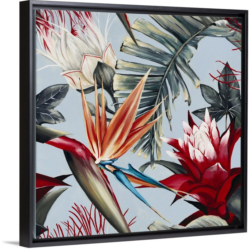 « tropical bliss », peinture sur toile, Cadre flottant noir, H 17,7 po x l 17,7 po x p 1,75 po