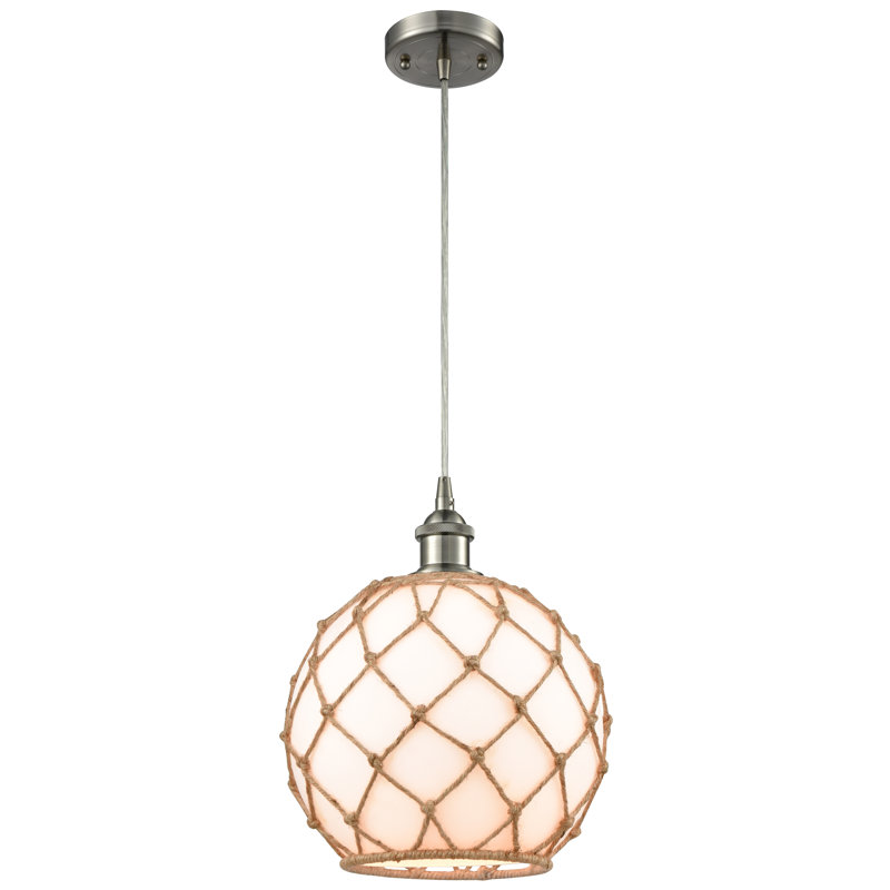 Tobey 1-Light Single Pendant, White/Brown, Brushed Satin Nickel, 13" H x 10" W x 10" D