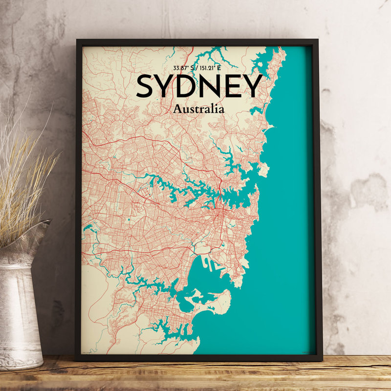 Sydney City Map - impression d'art graphique, H 20 po x l 16 po x P 0,05 po