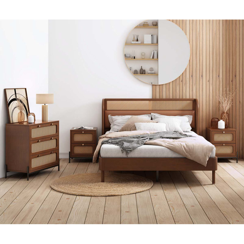 Ensemble de chambre avec grand lit plateforme 4 pièces, Noyer