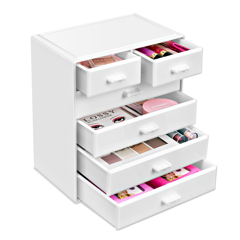 Boîte de rangement pour maquillage et coiffeuse, grande, 6 tiroirs, blanc, Blanc