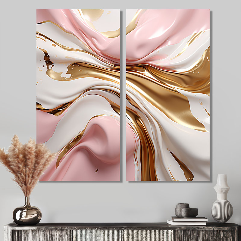 Rose et or liquide Glam Wave III - art mural moderne rose, 36" H x 48" W, Wrapped Canvas, Does Not Apply