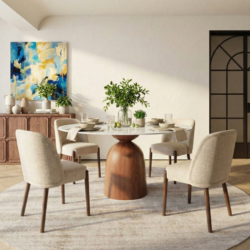 Upholstered Solid Wood Dining Chair, Beige