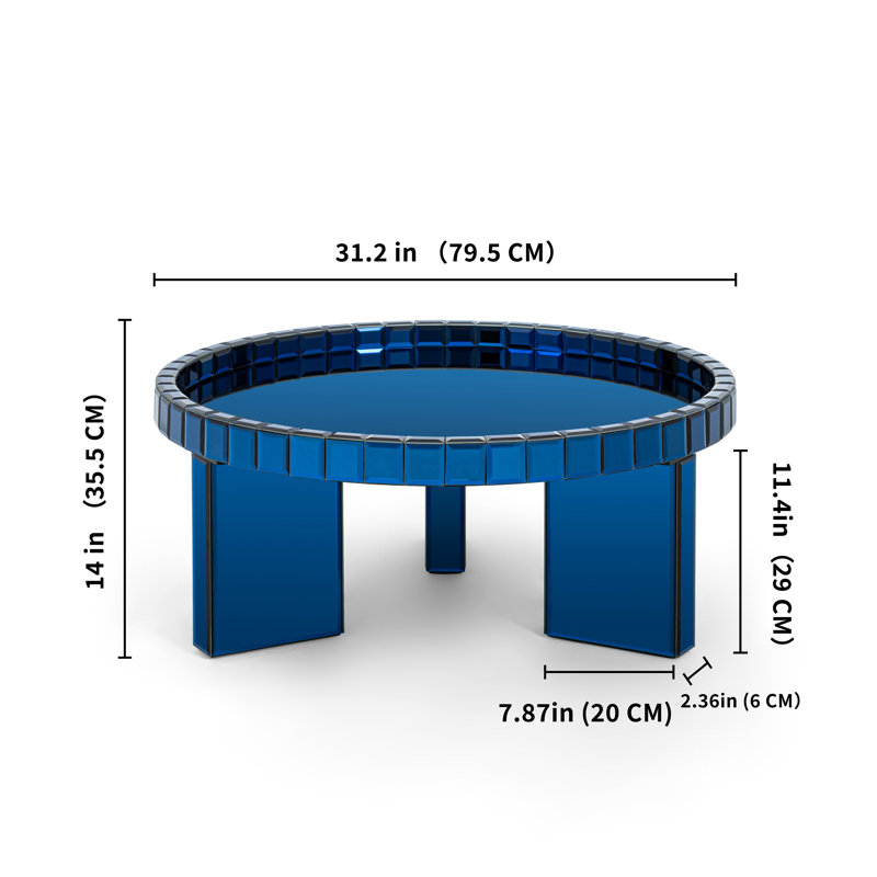 Round Glass Coffee Table Cocktail Table Tray Top 80x80cm, Blue