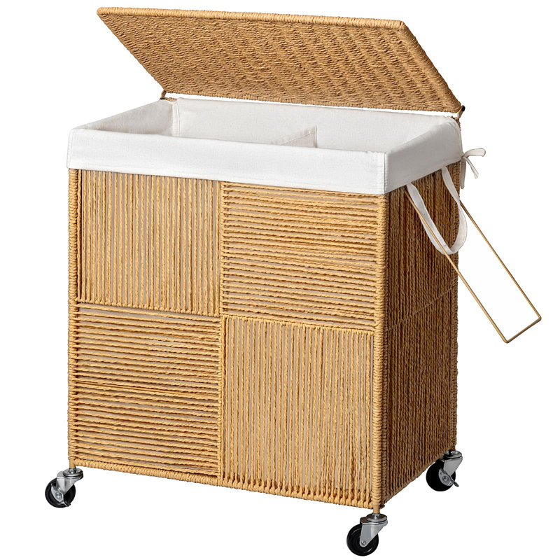 Handwoven Rolling Laundry Hamper with Lid, Double Laundry Basket with Wheels, Removable Liner Bag for Laundry Room Organization, (Natural)