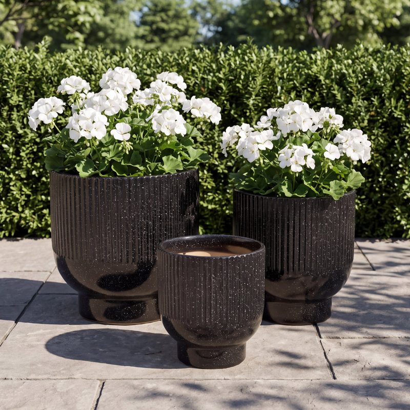 Aisa 3-Piece Ceramic Pot Planter Set, 9.4" H x 8.55" W x 8.6" D, Black
