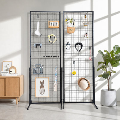 2 Pack Gridwall Display Panel Tower with T Base, Double Sided Wire Grid Rack, 24.29 x 67.56 Inch with 15 Hooks and Leveling Feet, 60 Pound Capacity