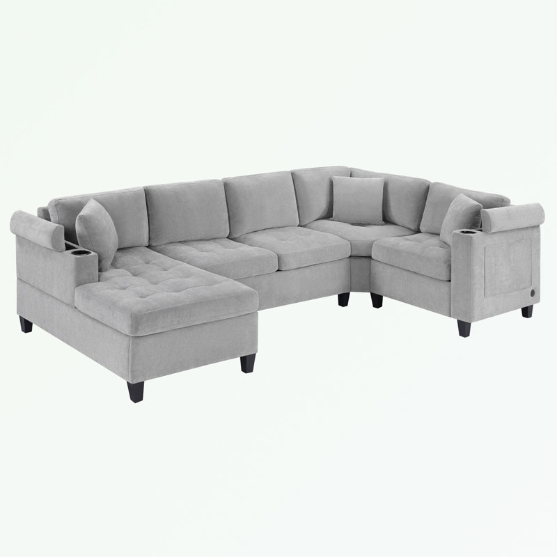 Canapé modulaire en forme de U avec porte-gobelets intégrés, espace de rangement et ports USB, Chenille gris pâle