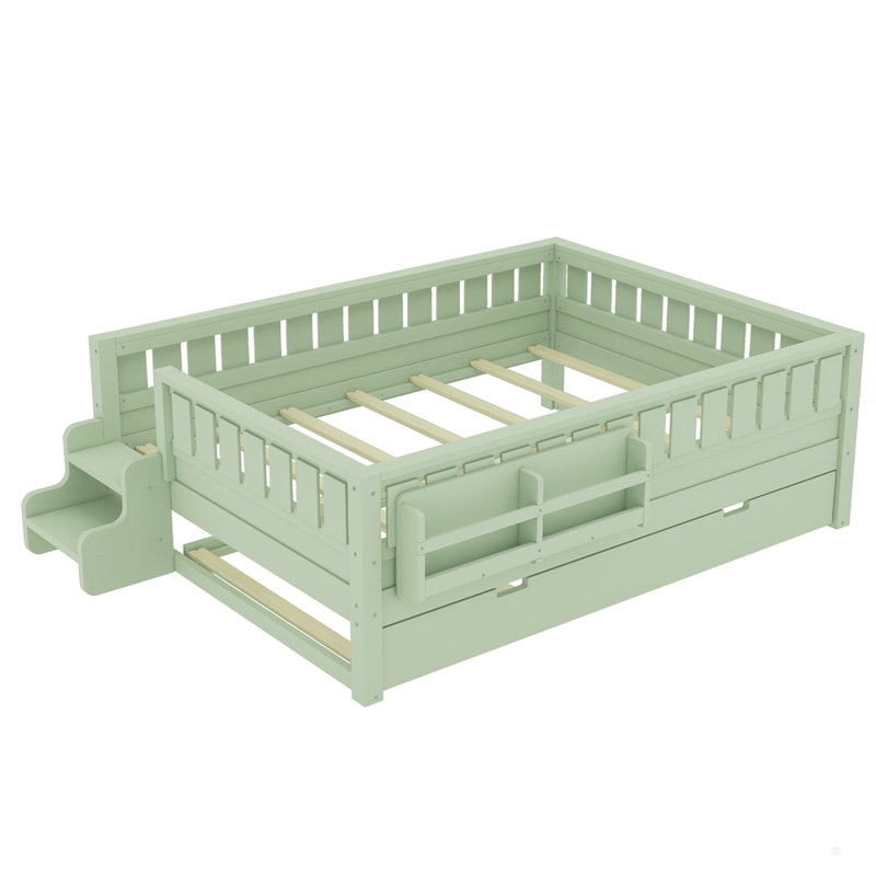 Wooden Bed With Built-In Bookshelves And Trundle, Avocado Green, Full