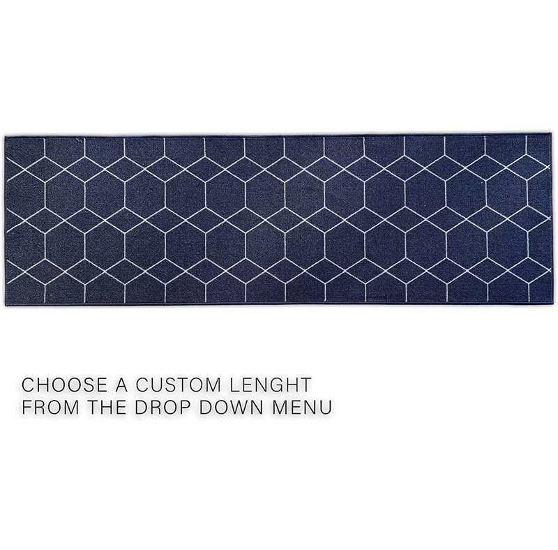 Hildale Custom Size Runner Rug Choose Your Length Hexagon Trellis Design Blue Color, Runner 2'2" x 7'