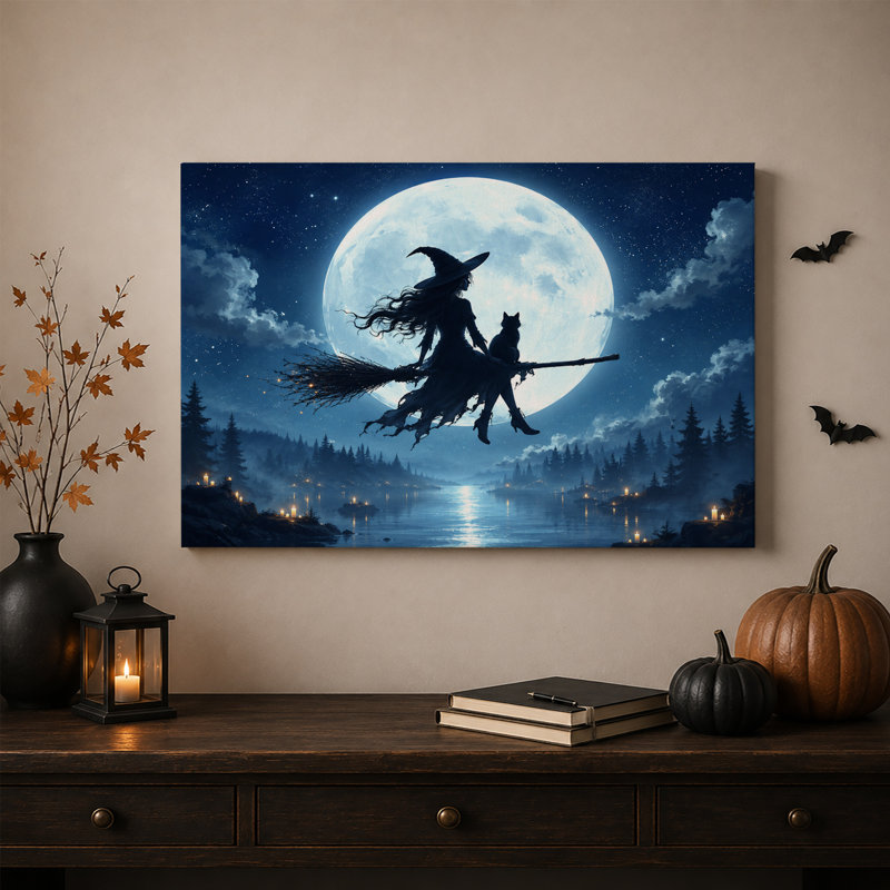 «Witch on Broomstick with Black Cat Flying Past Halloween», art mural sur toile, H 12 po x l 18 po