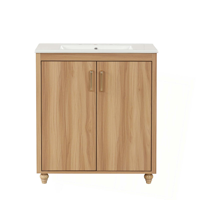 Meuble-lavabo 30 po avec lavabo, armoire de salle de bain multifonctionnelle avec portes et tiroir, panneau de fibres à densité moyenne, naturel