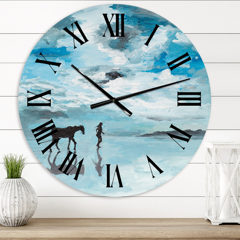 Paisible scène d'homme et de cheval qui court au bord de l'eau - Horloge murale de ferme, Petit
