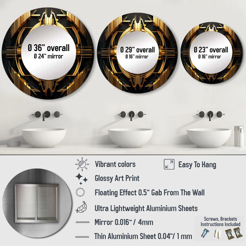 Gold And Black Cubist Visions I - Cubism Round Mirror Wall Decor, 23" x 23"