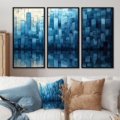 Drip Paint Of Blue Cubic Matrix III - Drip Painting Wall Art Decor - 3 Pieces