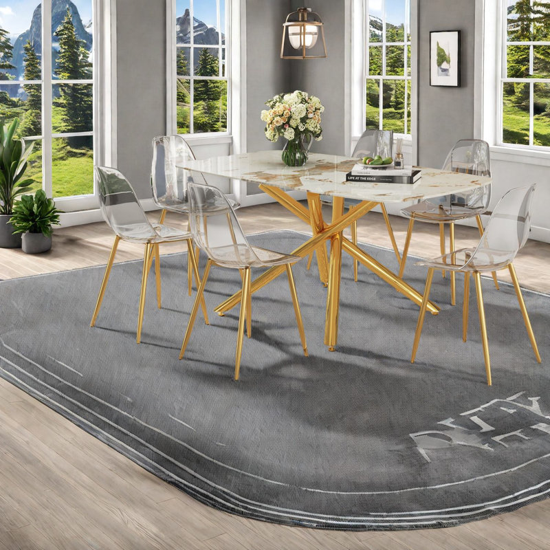 Large Modern Dining Table Set With White Marble Glass And Gold Legs
