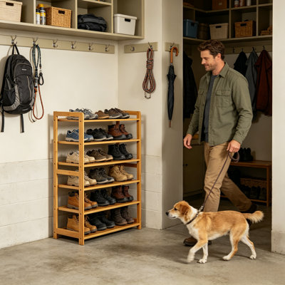 Range-chaussures à 6 niveaux en bambou, rangement pour chaussures autoportant pour garde-robe