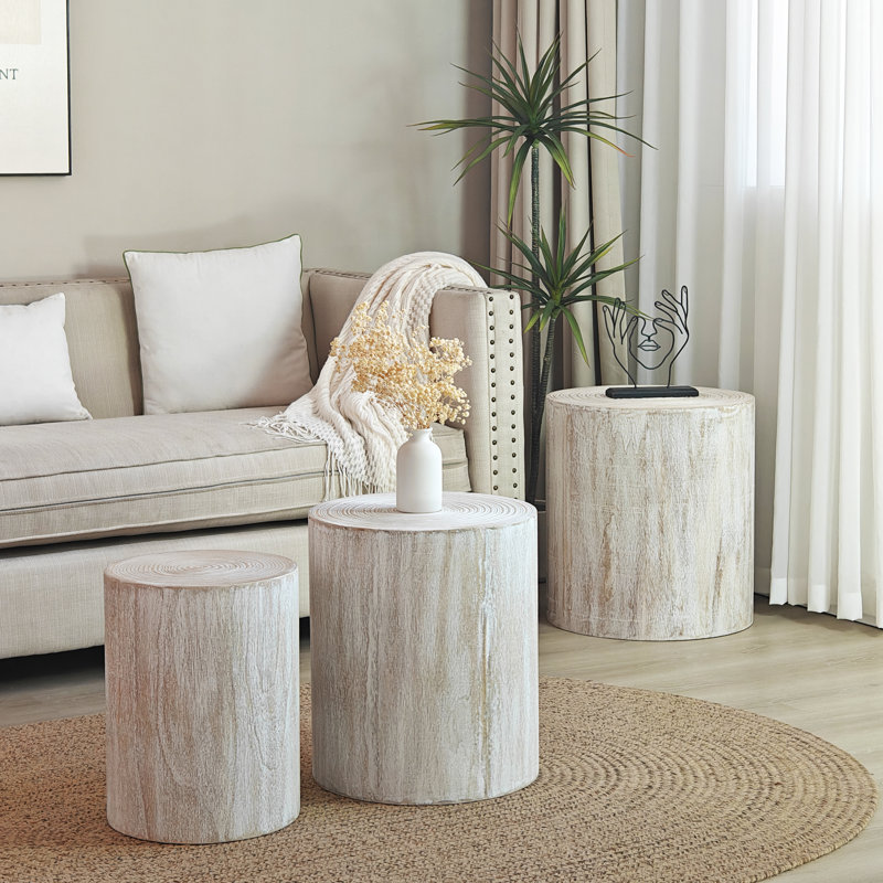 Ensemble de 3 tables basses rondes en bois, tables de bout, supports à plantes et pièces décoratives - finition bois blanchi