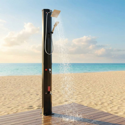 Douche chauffante solaire de 9,3 gallons, douche autoportante extérieure en PVC de 7,1 pi de hauteur avec pluie rotative à 360 °, tête à main, robinet à réglage de la température et au pied, pour cour près de la piscine, plage, noir