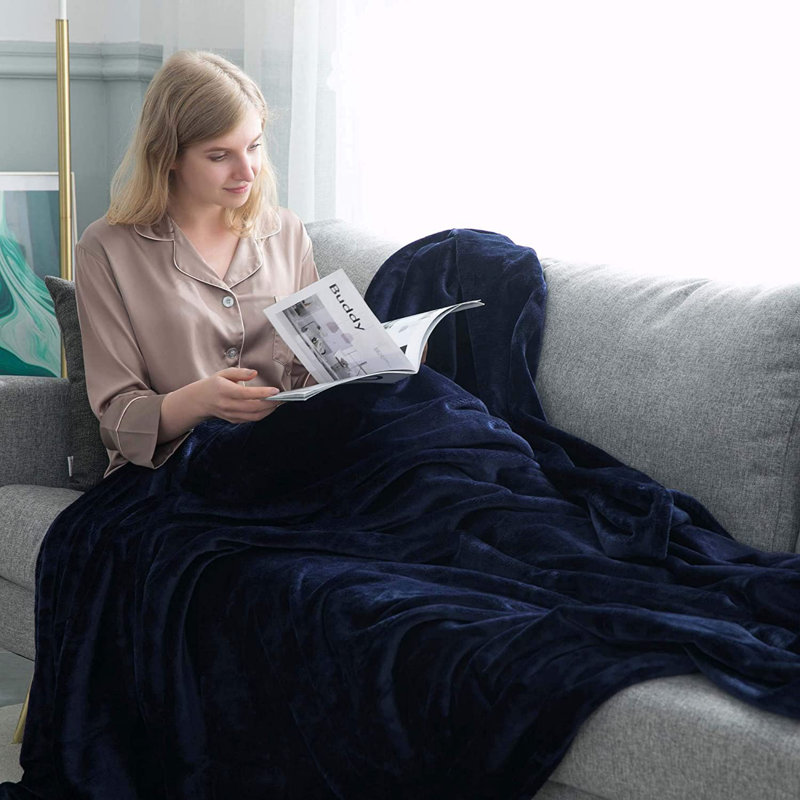 Zygi Reversible Mink Faux Plush Fur Fleece Throw/ Blanket, 200cm x 150cm	, Navy