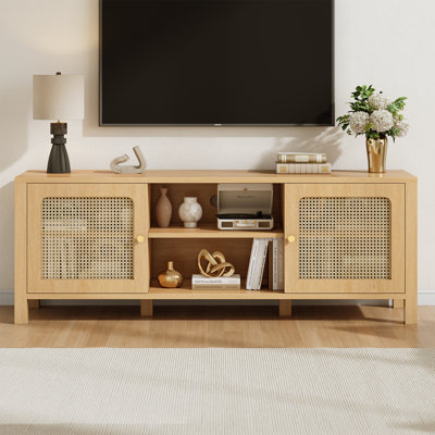 Meuble télé 59 po en rotin pour téléviseur de 60 po ou moins avec 2 armoires de rangement et tablettes ouvertes