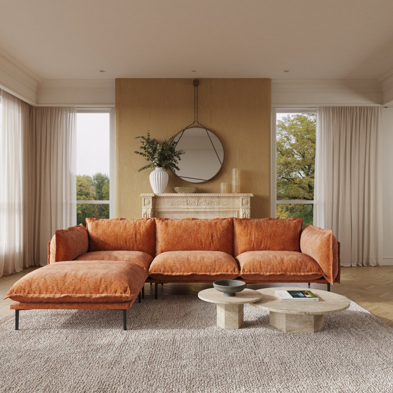 Traci Upholstered 111.02'' Wide Velvet Reversible Modular Sofa & Chaise,4-piece, Orange Velvet