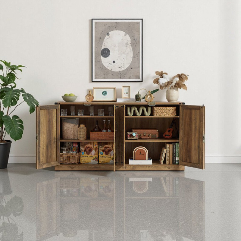 Buffet 65 "en chêne rustique avec faux panneaux en rotin - armoire de rangement multi-pièces pour le salon, le vestibule et la salle à manger
