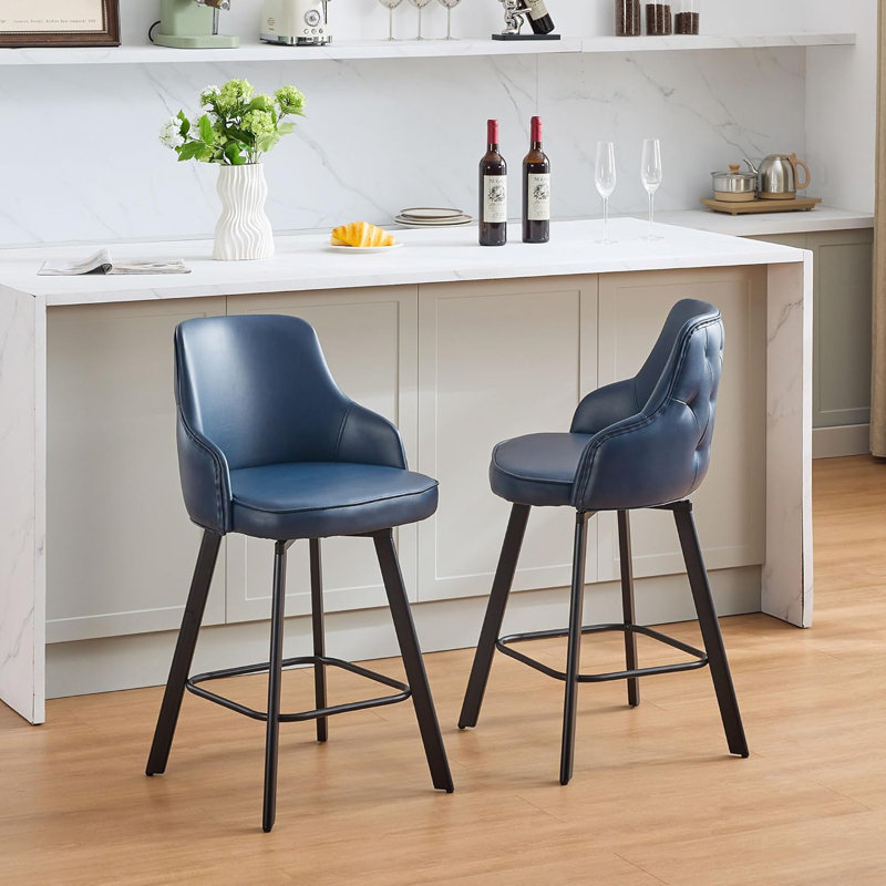Tabouret de comptoir pivotant rembourré en cuir avec dossier haut (ensemble de 2), Bleu, 2