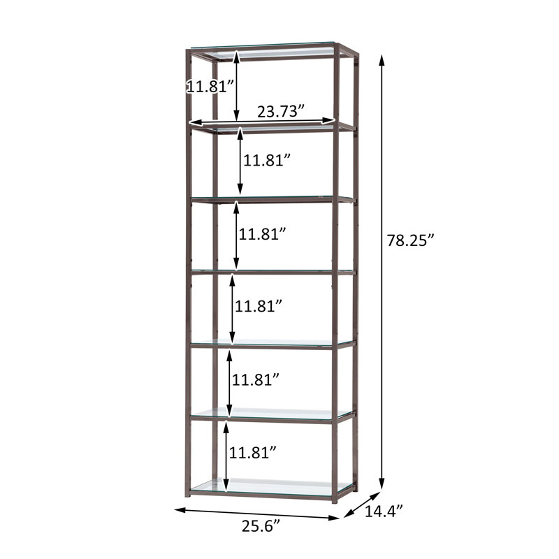 Bibliothèque 78 po à 5 tablettes en verre nickel noir