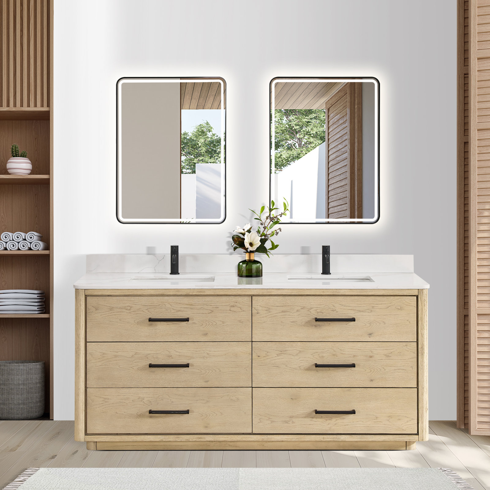 Porto 72'' Double Bathroom Vanity, Natural Oak, Matte Black